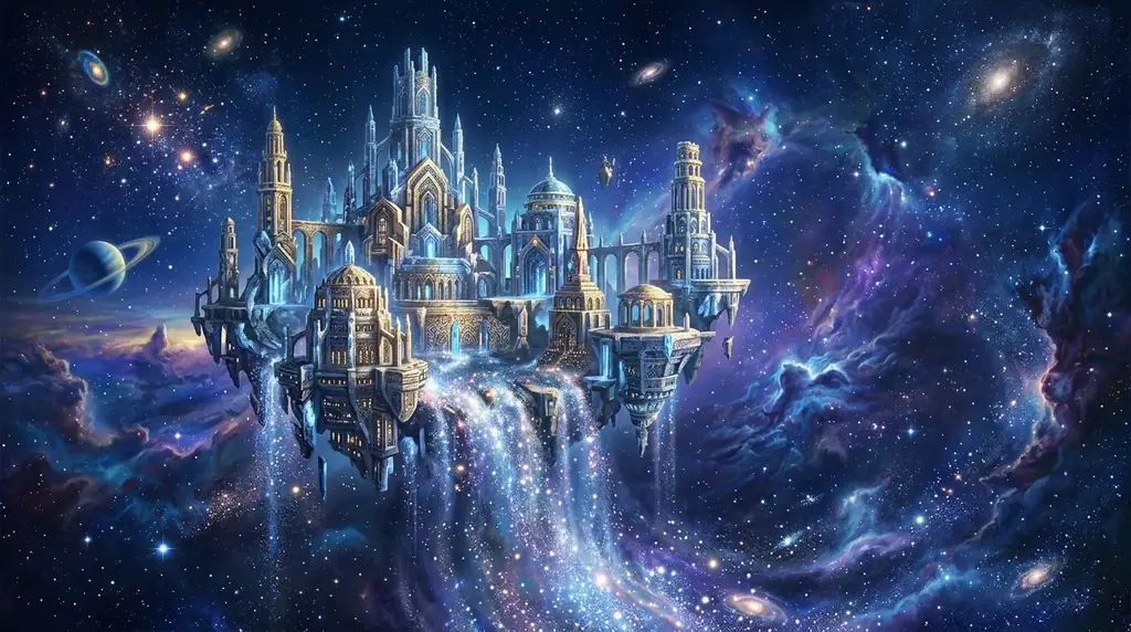 Nebula filled night sky with crystalline ruins